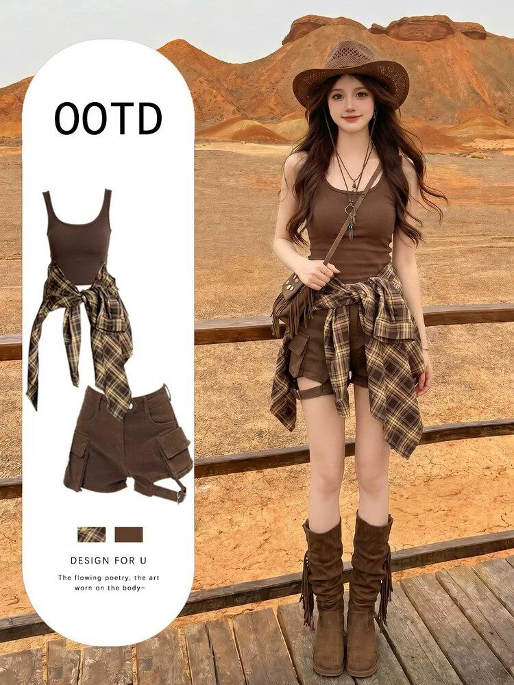Hot Summer Tourist Wear Spicy Girl Cowboy Shirt Women's Fashion Set Casual Style Long Sleeve Button up Regular Fit Three Piec...