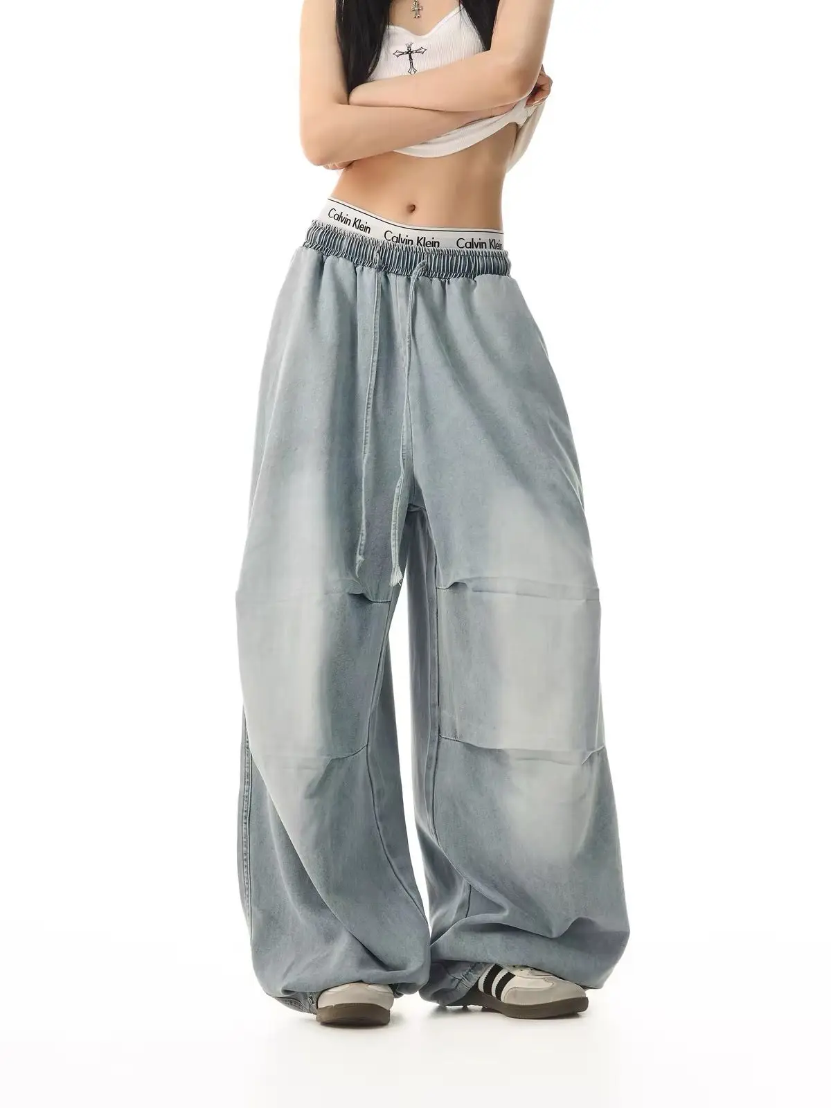 Drawstring Elastic Waist Pleated Wide Leg Jeans Women Loose Hip Hop Dance Streetwear Pants