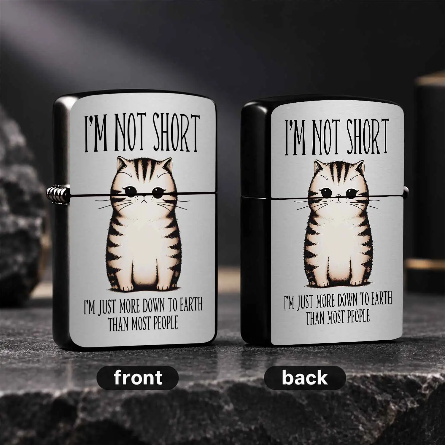 Cute Chubby Tabby Cat Lighter With Funny Slogan I'M Not Short I'M Just Down To Earth, Portable Trendy Cool Lighter For Daily Camping, Candle Lighting, Gifting To Friends Family On Birthday Holiday Casual Occasions A Humorous And Interesting