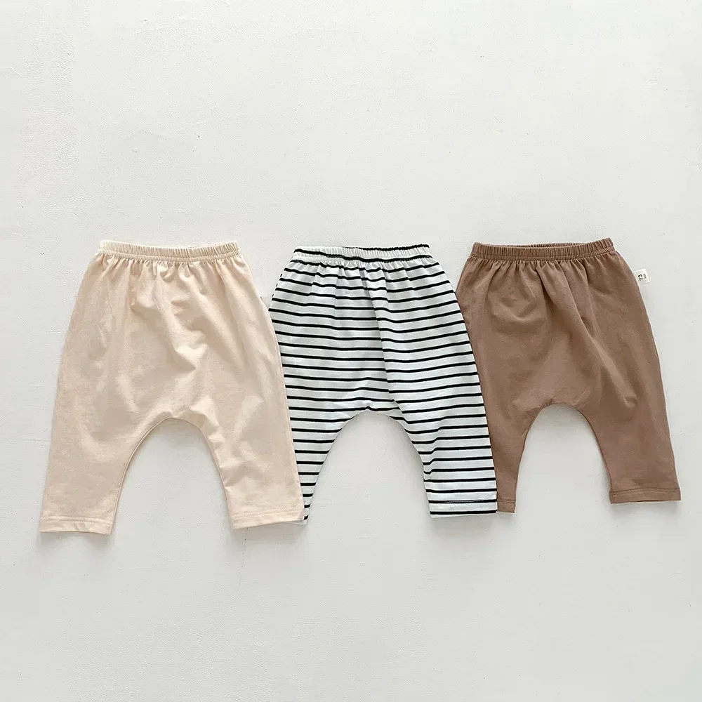 Newborn Boy Stretch Trousers Baby Simple Solid Leggings Girls All-match Striped Skinny Pants Kids Cotton Elasticity Slim Pants