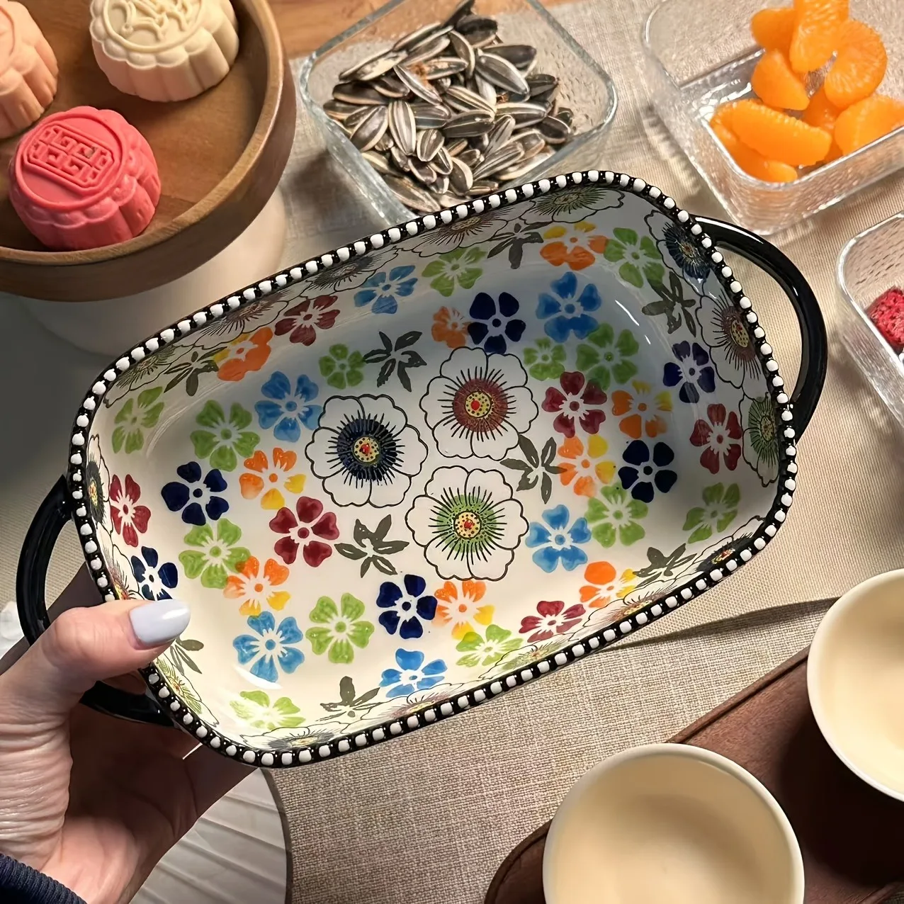 

Набор из 3 керамических форм для выпечки, расписанный вручную цветочный дизайн с ручками | Для запеканки, лазаньи, запекания и выпечки | Духовка, Дис