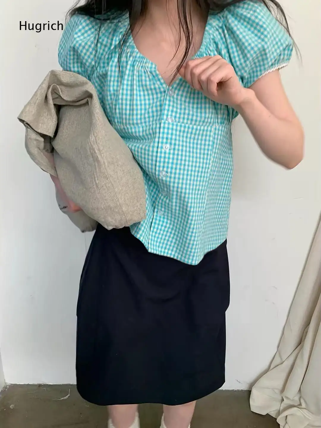 Fresh Light Teal Gingham Plaid Short Sleeve Top Elastic Ruched V Neck Puff Sleeve Button Front Cute Daily Blouse