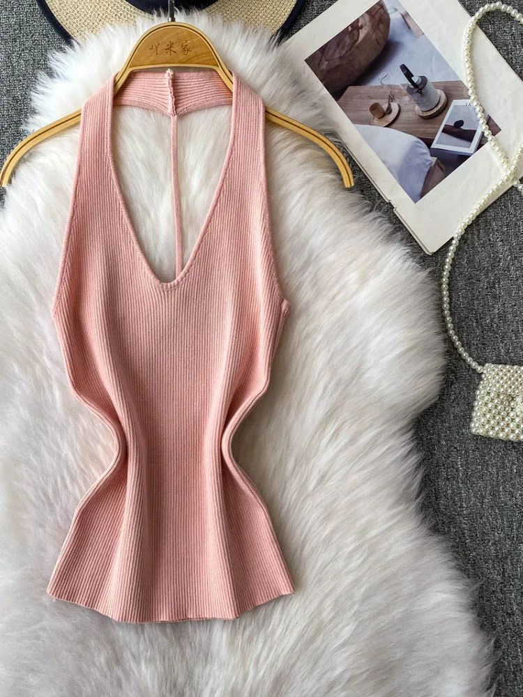 

Sexy Bal V-Ne Hanging Ne Tank Top Women's Slimming Knitted Outerwear Summer 2025 New Sle Commute Sle Pure Color