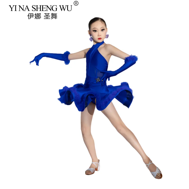 

Новое платье для латинских танцев для девочек, платье для соревнований с перьями, детская танцевальная одежда для ча-ча-румбы, костюм для выступлений, сценическая одежда