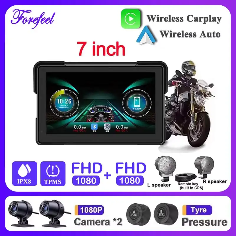 Waterproof Wireless Carplay For Motorcycle 7'' Touch Screen Android Auto With GPS TMPS Anti-shake Night Version Cameras Video