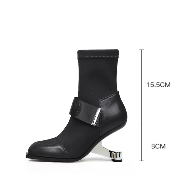 Sexy lady genuine leather stretch fabric 8cm high strange metal heel side zip dating pink black modern ankle boot HL458 MUYISEXI