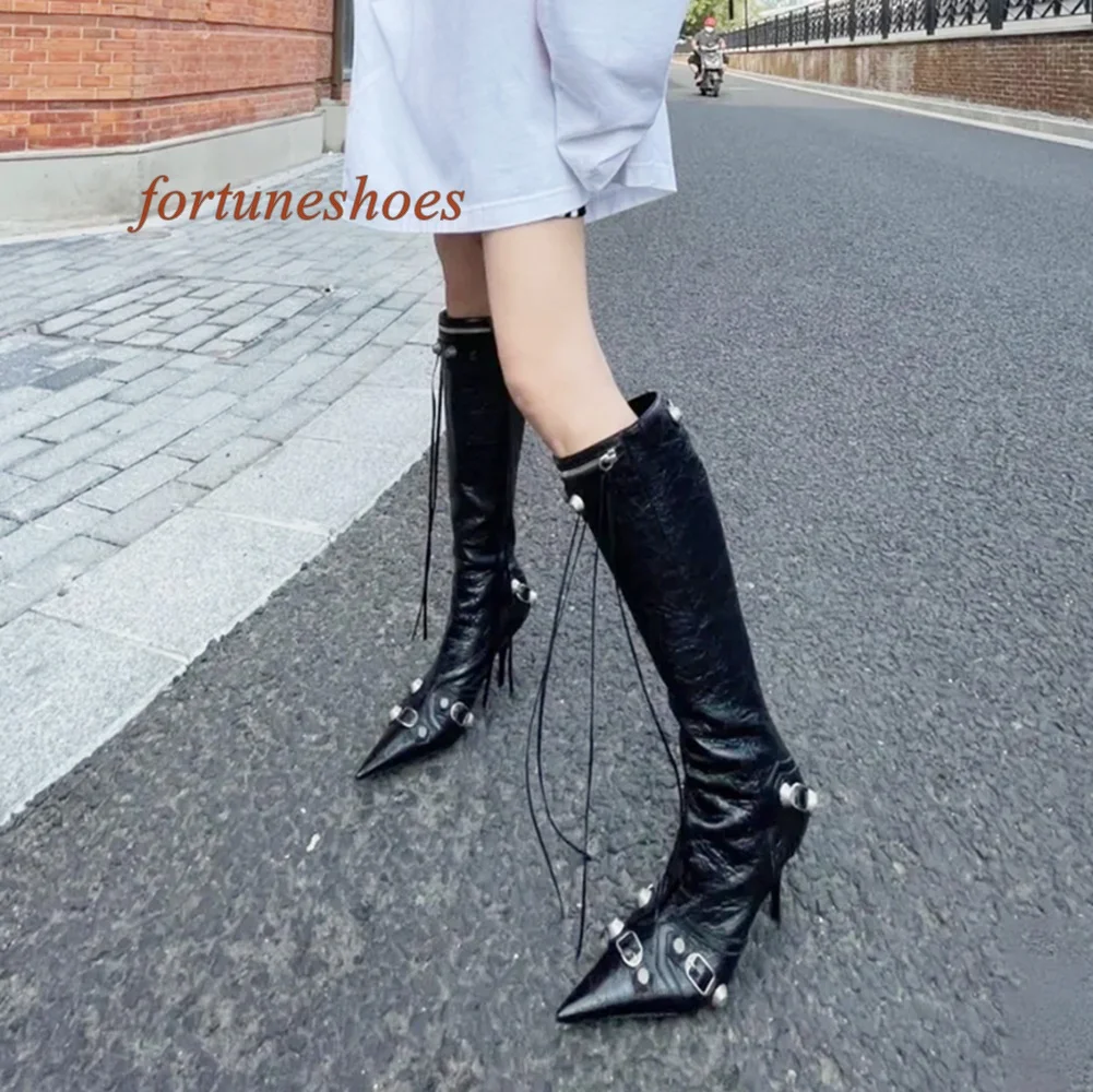 Fringe Metal Autumn/winter Comfortable Boots Knee High Rivet Pointed Toe Boots Side Zipper Fashion Casual Runway Women Boots