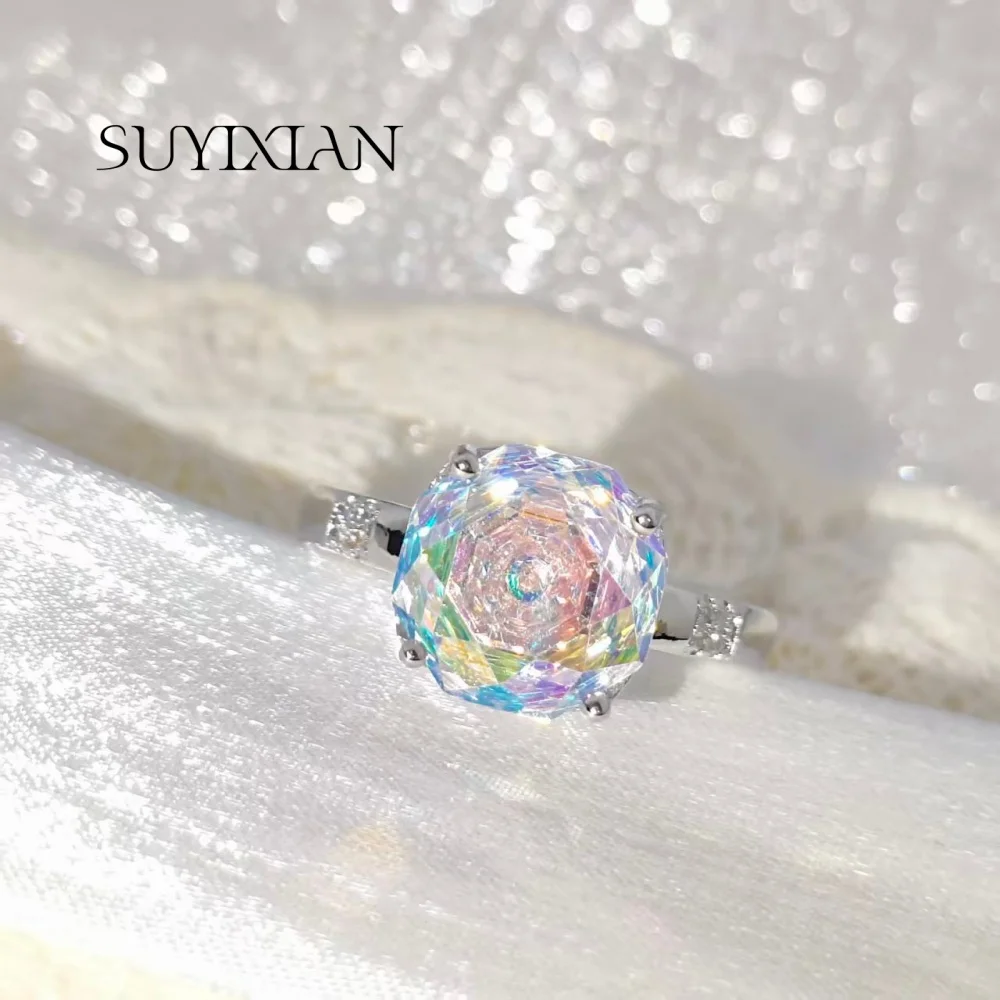 925 Sterling Silber Hochwertiger Luxuriöser Vielseitiger Achteckiger Rosenschliff Kristall Zirkon Farbverlauf Paraiba Ring für Damen – Detail 2