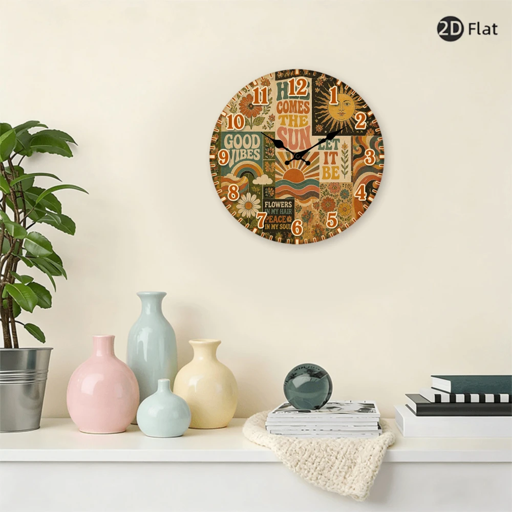 Retro Vintage Collage 2D Flat Wall Clock 10 Inch Wooden Silent Non-Ticking Bohemian Sunflower Good Vibes Room Decor