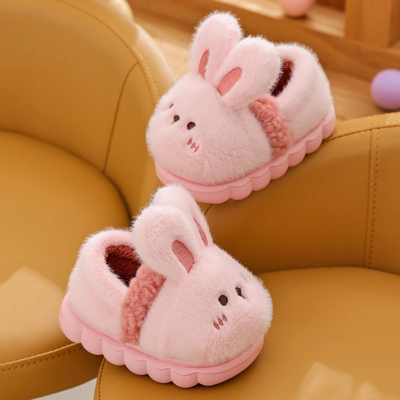 New Children\'s Cartoon Rabbit Heel Wrap Fluffy Slippers Soft Sole Non-slip Winter Warm Baby Boys Girls Indoor Home Cotton Shoes