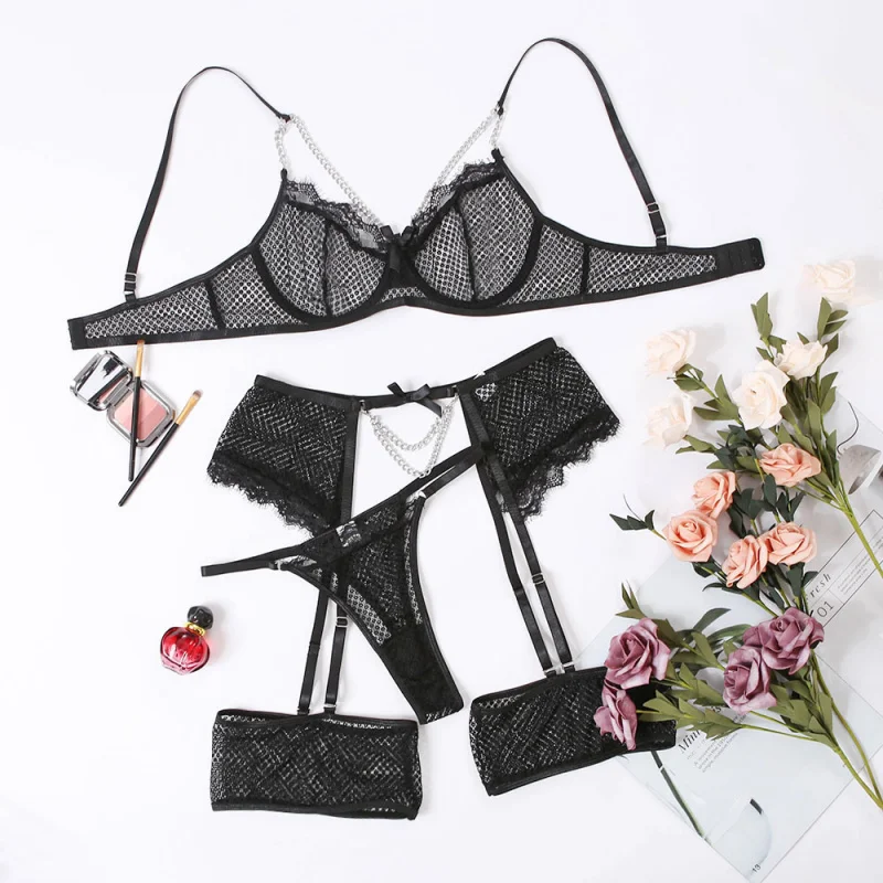 

2025 New European and American Style Chain Women's Lace Mesh See-through Sexy Four-piece Set qqny0037
