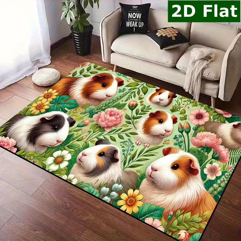Guinea Pig Floral Non-Slip Welcome Mat, Cute Pet Piggy Face with Green Leaves Entry Rug, Soft Durable Decor for Front Door Porch