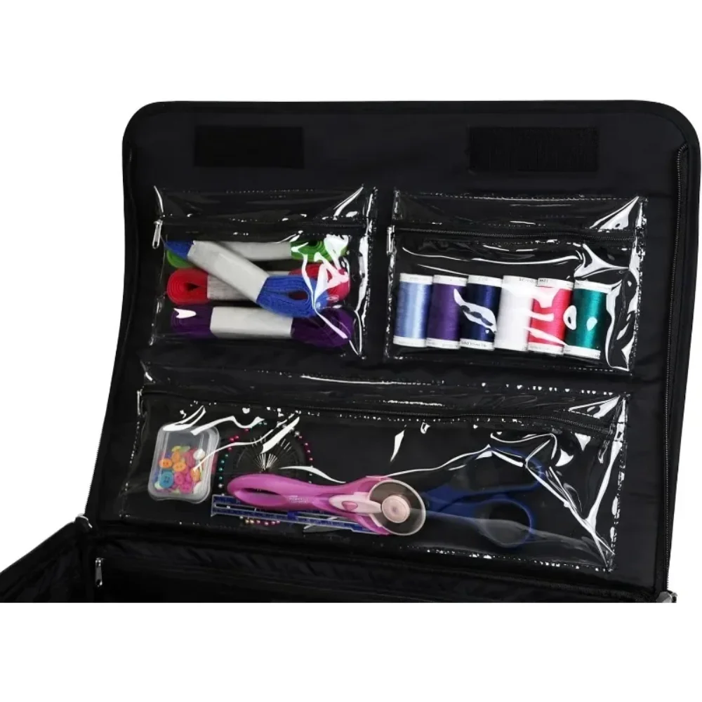 حقيبة تخزين ماكينة الخياطة الفاخرة القابلة للطي ذات 4 عجلات للفنون والحرف اليدوية والخياطة، باللون الأسود - حقيبة حمل بعجلات دوارة #5