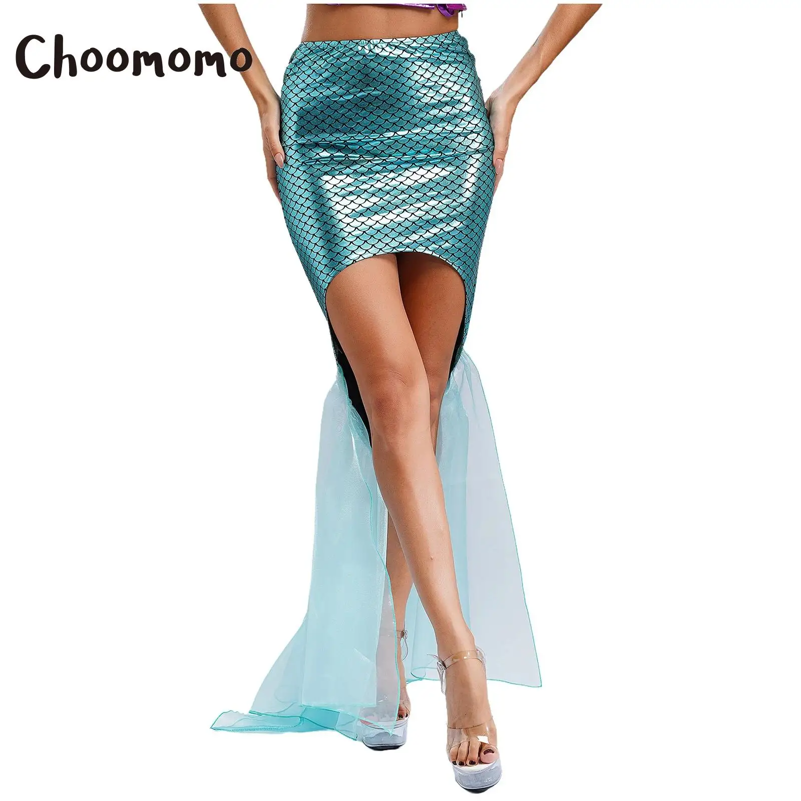 

Womens Mermaid Costume Adult Fish Scale Print Long Tulle Skirts Bodycon Cocktail Halloween Party Fairytale Cosplay Dress Up