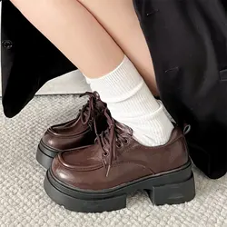 Patent PU Leather Platform Loafers Women Preppy Style Lace Up Oxford Shoes Woman Retro Black Brown Thick Bottom Y2K Lolita shoes