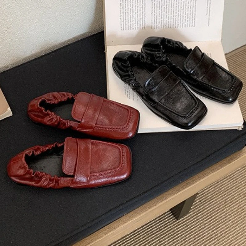 

Повседневная обувь с квадратным носком, женские плиссированные удобные туфли из мягкой кожи, элегантные женские лоферы на плоской подошве в британском стиле, Zapatos De Mujer