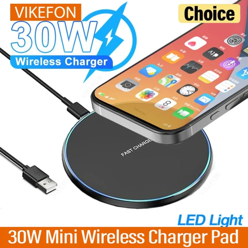 

30W Mini Desktop Wireless Charger Pad LED Light Fast Charger Station For iPhone 17 16 15 14 13 Samsung S25 S24 Xiaomi AirPos Pro