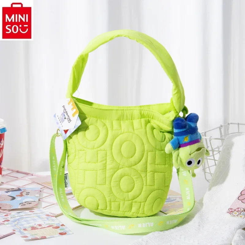 MINISO Disney Cartoon Strawberry Bear Doll Pendant Large Capacity Underarm Bucket Bag Student Cute High Quality Handbag