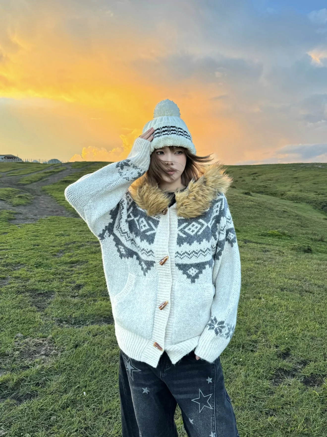 سترة صوفية محبوكة من Thiened مع زر فضفاض مناسب للرجال والنساء معطف شتوي كاجوال دافئ بياقة للزوجين