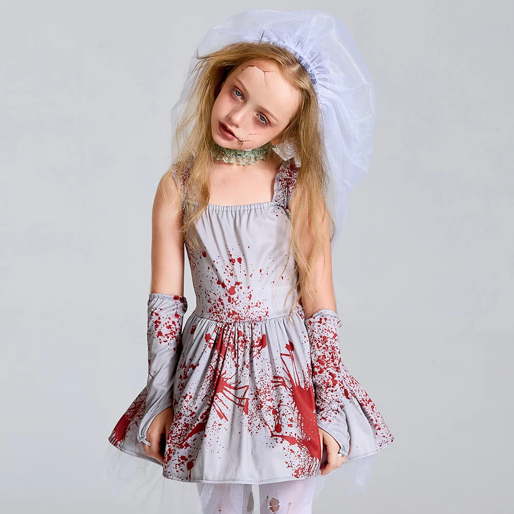 Ay – Costume de mariée fantôme taché de sang, tenue d'halloween pour enfants avec bretelles, robe de Cosplay pour fêtes à thème et bals