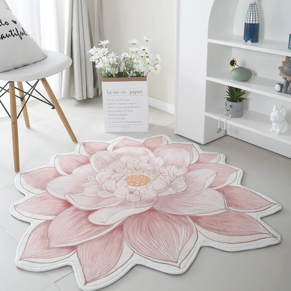 Imitation Wool Round Carpet Soft Short Hair Living Room Carpet Flower Pattern Floor Mat Coffee Table Carpet Cloakroom Area Rugs