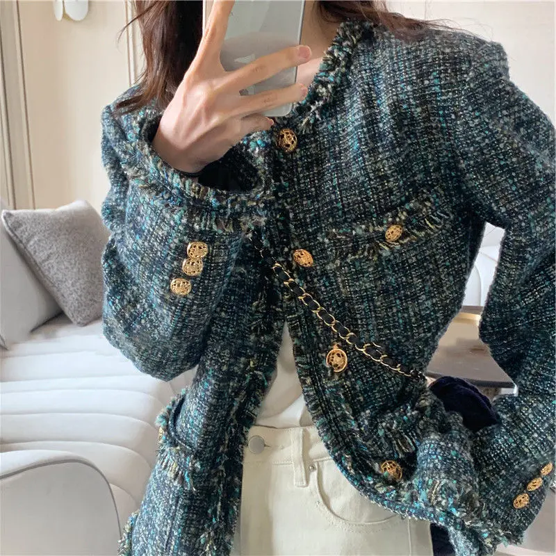 Autumn Winter 2022 New Women\'s Loose Retro Tweed Modern Blue Blazers Coat Female O-Neck Suit