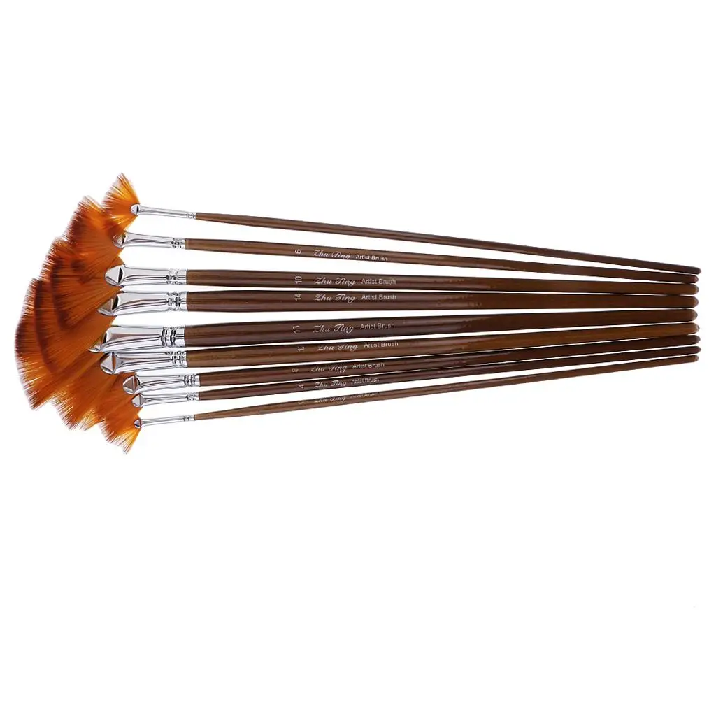 Set 9 Size Fan Shape Brushes Oil Acrylic Water Painting Artist Wooden Handle