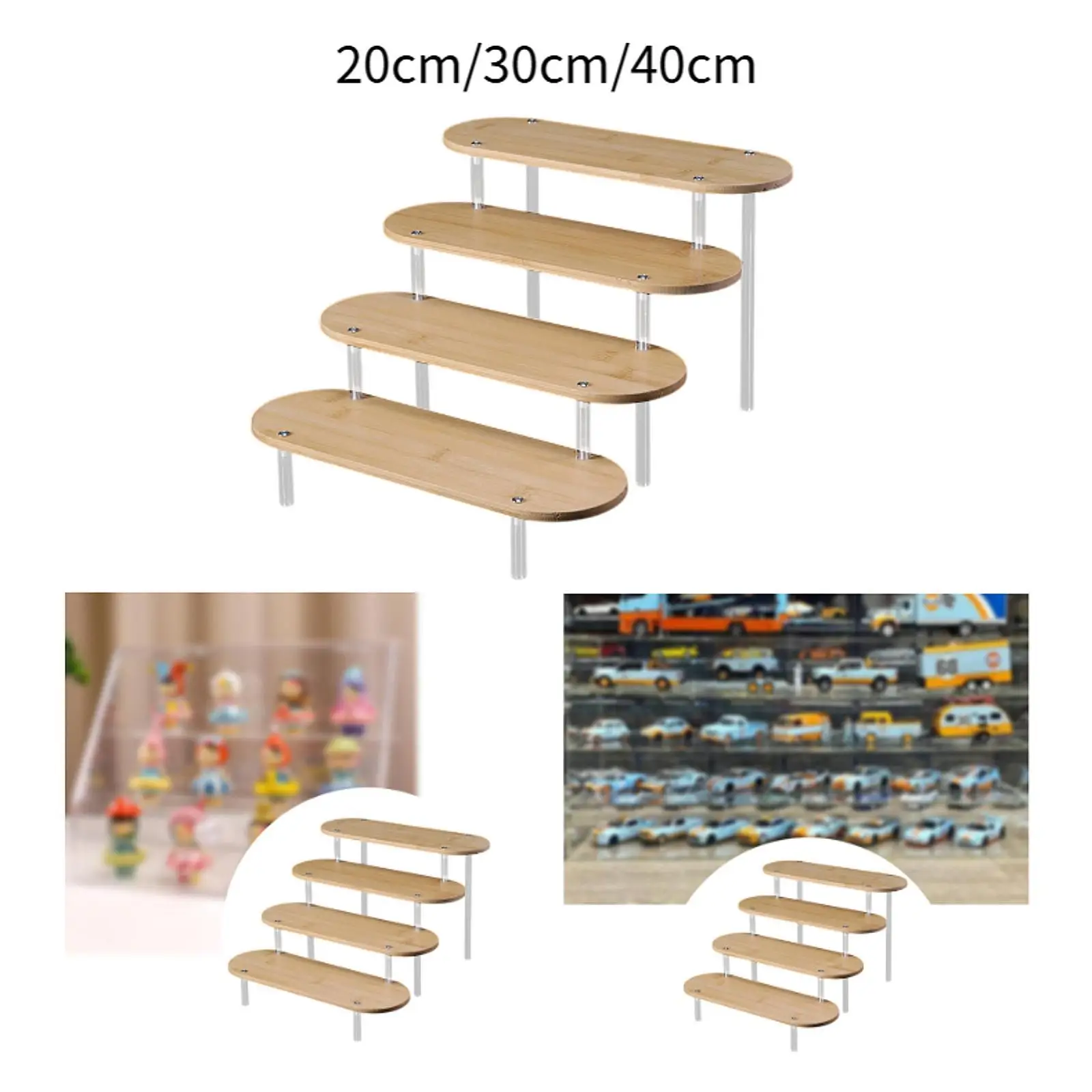 Bamboo Wood Acrylic Display Riser Stand for Collectible Toy Cars Dolls Perfume Bottles Desk Shelf Organizer