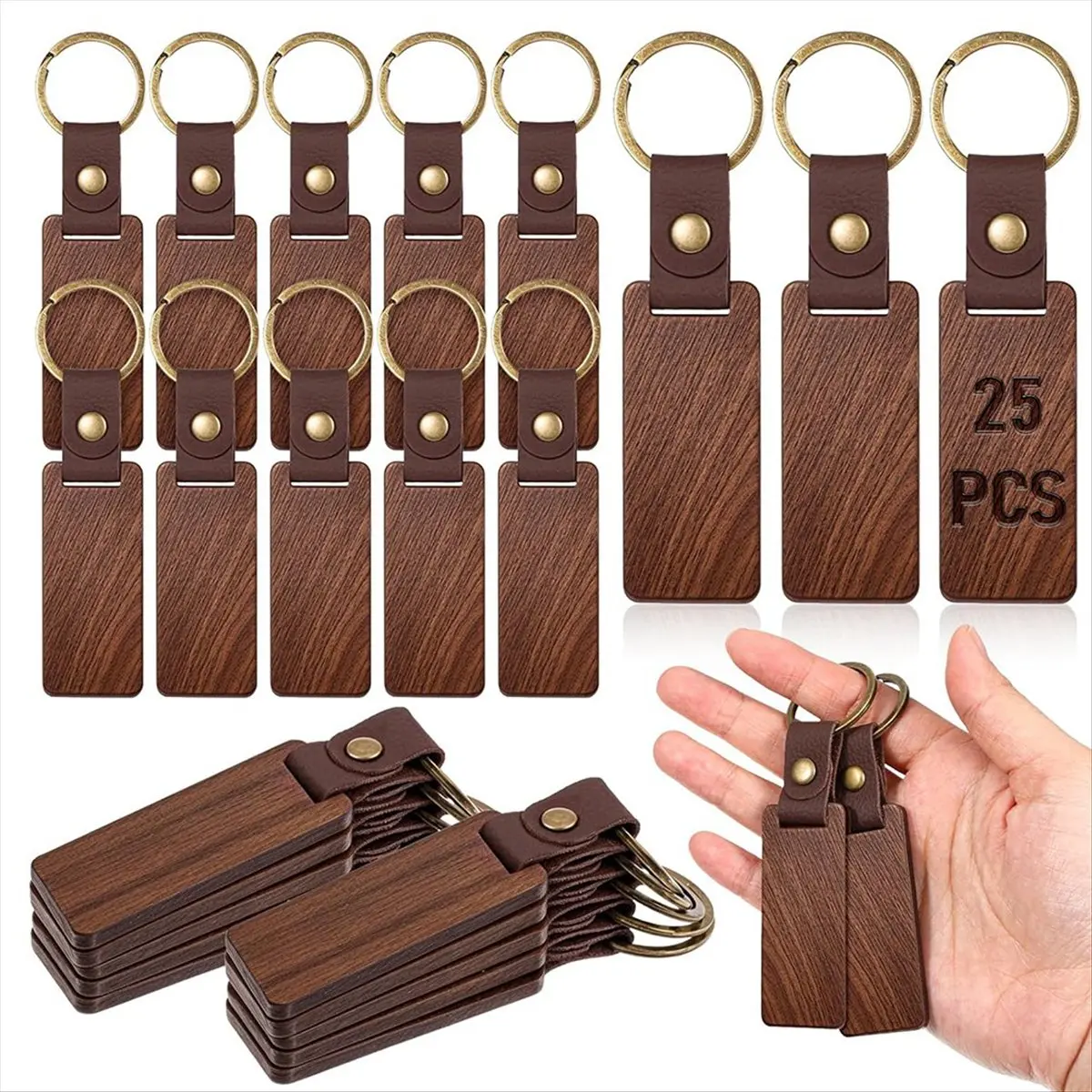 A74U 25PCS Wooden Keychain Blanks Rectangle Wood Keychain Blanks with Leather Strap Engraving Blanks Key Chain