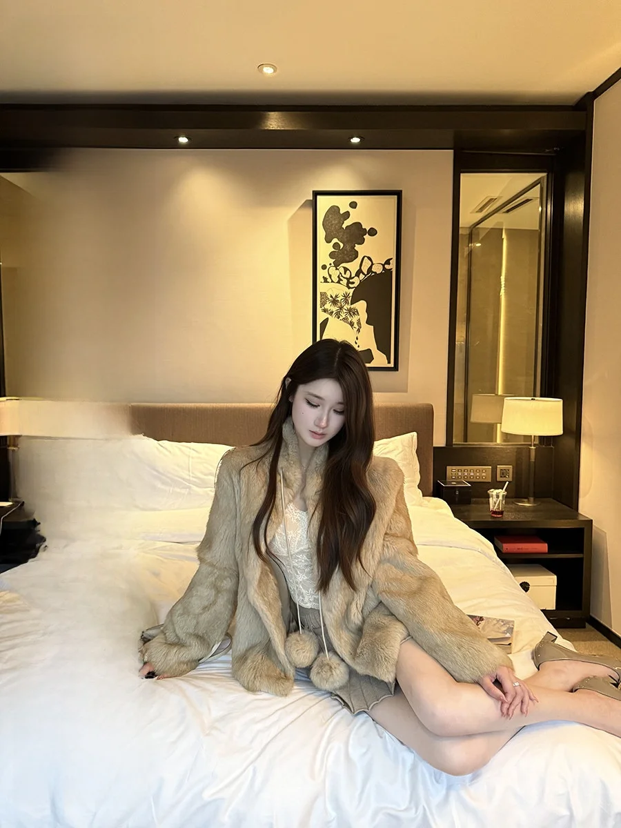 

NAOAO Snowball Rabbit Thiened ort Fur Coat Dual Color Dyed Rabbit Fur Inteated Skin And Hair plus Size Women's Jaet