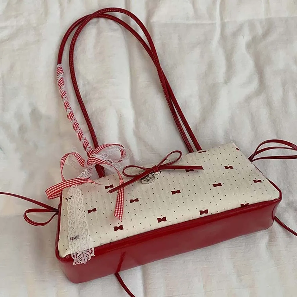 Sweet French Stick Handbag Contrast Color Lace Ribbon Bow PU Shoulder Bag Korean Style Large Capacity Underarm Bags Women