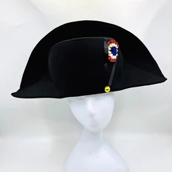 Napoleon francuski styl kapitanów admirała Bicorne Hat Cosplay wełniana czapka czarna męska dla dorosłych akcesoria 59cm rozmiar głowy