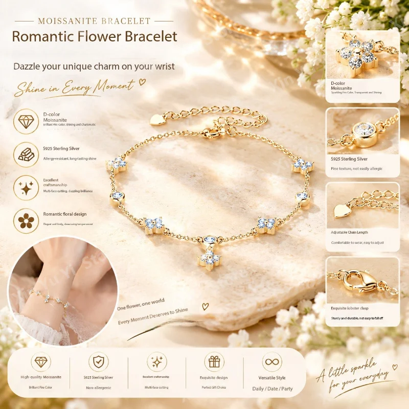 Women Classic Four Leaf Clover Moissanite Bracelet Stacked 925 Pure Silver Plated 18KGold Fashion Advanced Light Luxury Jewelry