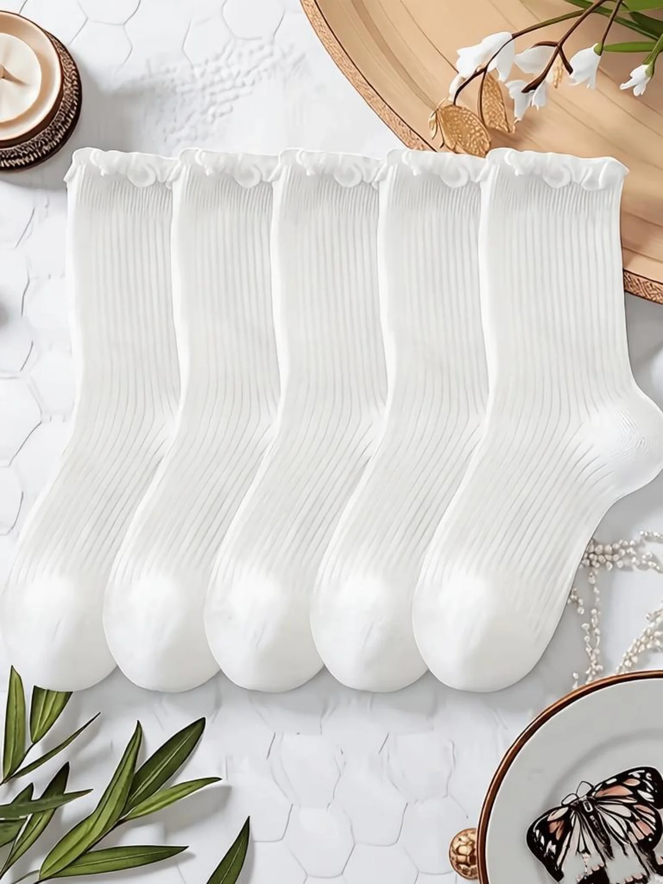 5 pairs of children's ruffled socks pure white vertical rib stockings ruffled breathable elastic student socks suitable for 1-12