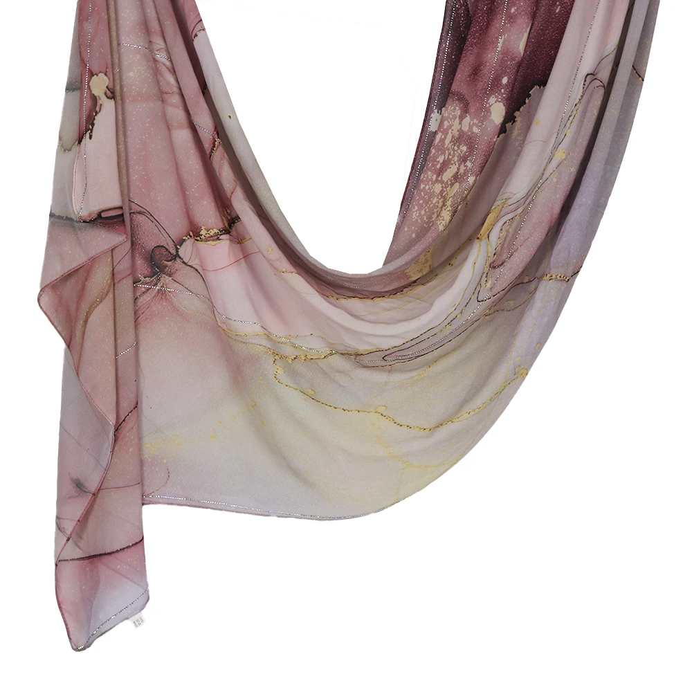 ผ้าคลุมศีรษะชีฟองแบบหรูหรา พิมพ์ลายสีน้ำชมพูทอง ประดับด้วยคริสตัลระยิบระยับ ผ้าคลุมศีรษะแบบอาหรับน้ำหนักเบาสำหรับผู้หญิง ​