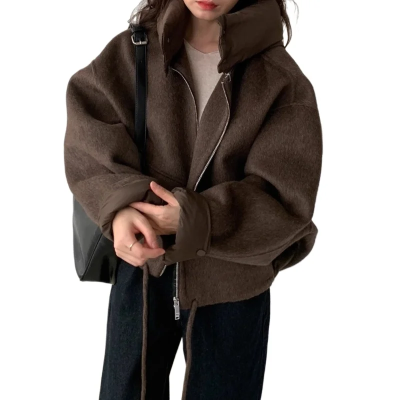 

Корейская шикарная осенне-зимняя нишевая дизайнерская куртка с капюшоном и съемным ремешком, теплая короткая шерстяная куртка до плеч, пальто