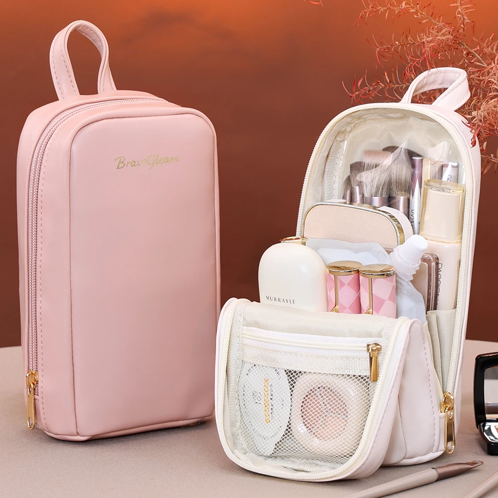 Portable Women's Compact Standing Makeup Bag High End Outing Travel Cosmetic Storage Bag Small Size Brush Makeup Pouch