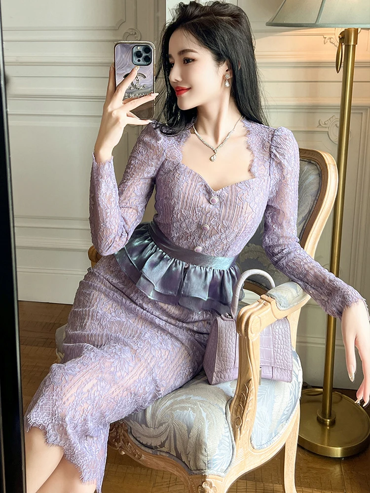 Robe française violette élégante et exquise pour femmes, en dentelle, crochet, fleur, volants ajourés, faux 2 pièces, Robe mi-longue, robes de fête et de Banquet