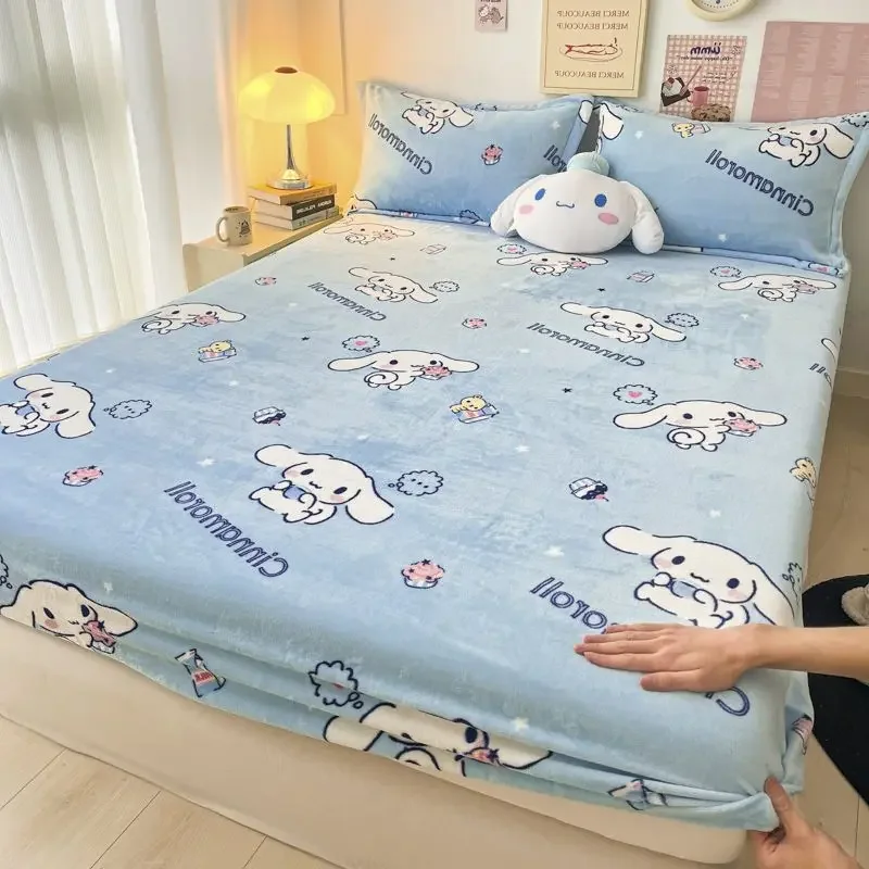 Sanrio Mymelody Kuromi Cinnamoroll Milk Fleeced Bed Head Single Sheet Cartoon Children's Bed Cover Nonslip Mattress Cover Female