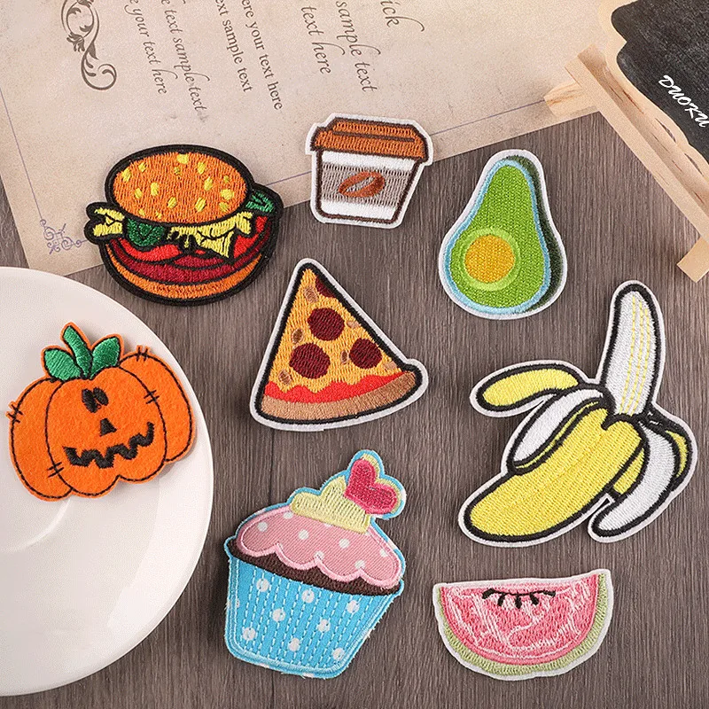 Pizzas fruit and drinks Patches for Clothing Iron on Embroidered Sew Applique Patch Fabric Badge Garment DIY Apparel Accessories