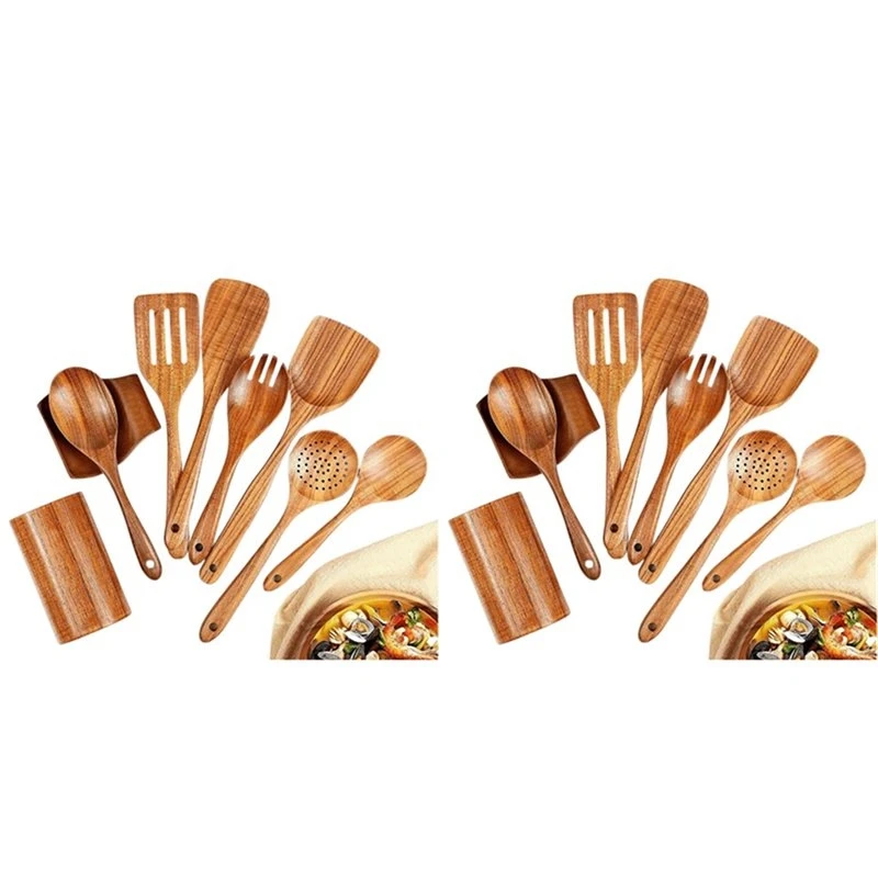 18PCS Natural Wooden Spoons For Cooking Wooden Utensils For Cooking With Utensil Holder Teak Wooden Kitchen Utensils Set