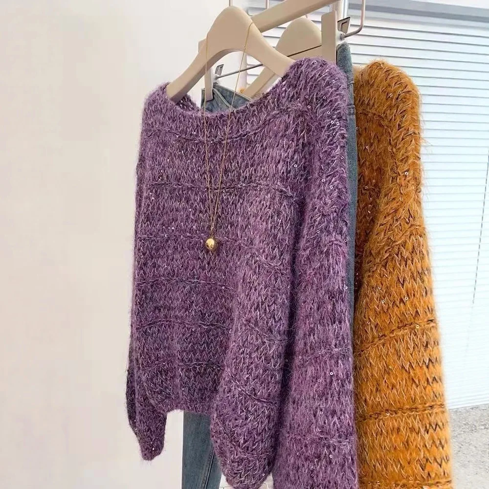 Solid Color Specially Grace Simple Loose Pullover Long-sleeved Knitted Sweater Women's Short 2026 Autumn New Lazy High-end Top