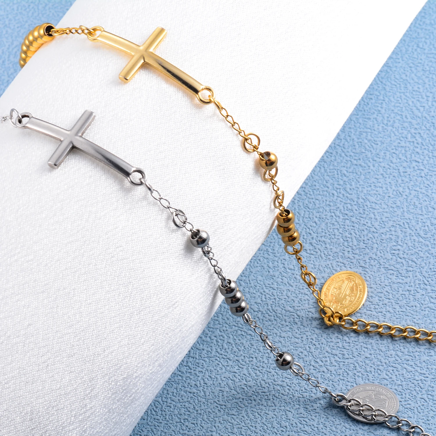 Silver and Gold Color Stainless Steel Jesus Religious Cross Pendant Bead Chain Bracelet For Women Men Fashion Jewelry