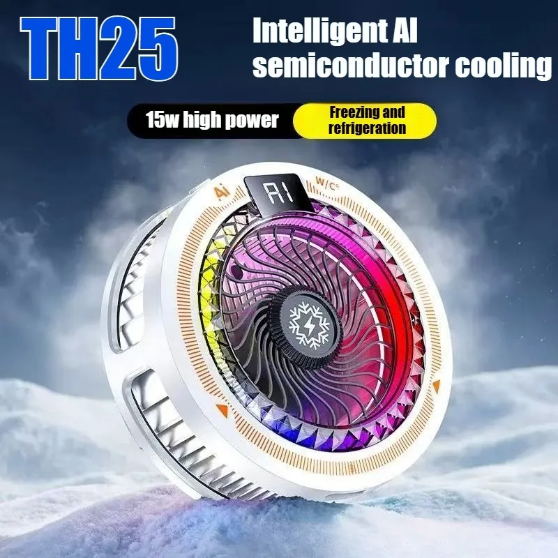TH25 Universal Phone Game Cooler Gaming Magnetic & Back-clip Semiconductor Cooling Fan Radiator with Digital Display RGB Lights
