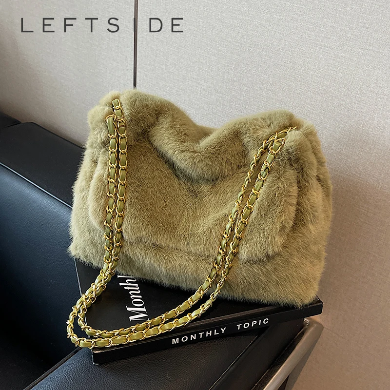 

LEFTSIDE Faux Fur Women Shoulder Bags 2025 Luxury Brand Designer Plush Handbags and Purses Soft Warm Winter Chain Crossbody Bag