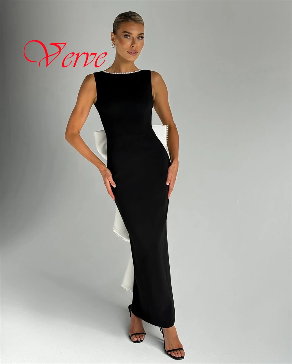 

Customized Exquisite Black Jersey Evening Dress Graceful Scoop Cap Sleeve Sleeveless Contrast Color Pearls Homecoming Dress