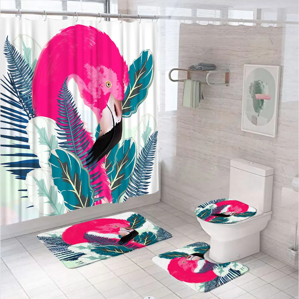 

Tropical Flamingo Shower Curtain Sets Green Palm Banana Leaves Watercolor Bathroom Curtains Non-Slip Rugs Toilet Cover Bath Mat