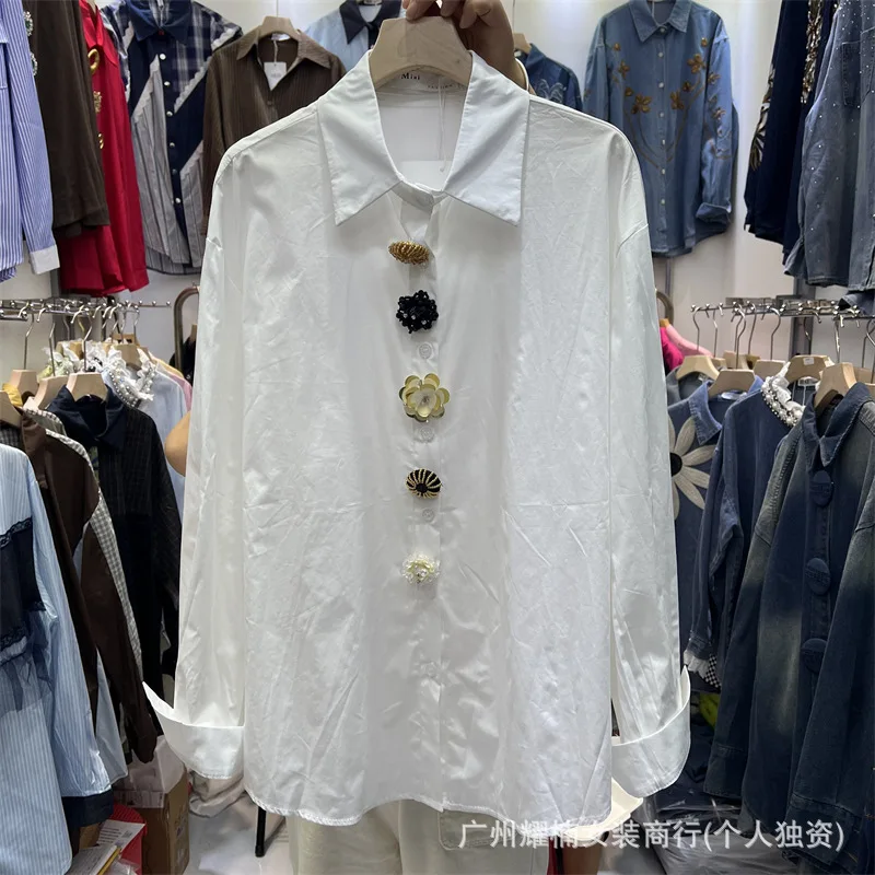 Fashion 2026 New Spring Autumn Loose Women Blouses Solid Color Diamonds Buckle Casual Cardigans Top Long Sleeve Female Shirts