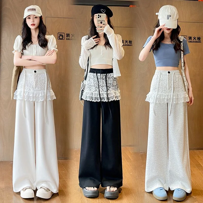 

Spring Autumn Lace Suit Pant Women 2025 New Fashion Loose Casual Pants Pure Colour Wide-Leg Pants Straight Leg Pants Female