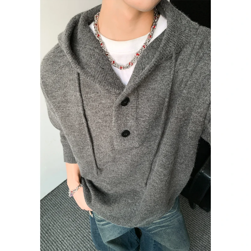 Solid Color Single Button Semi-open Drawstring Hoodie Sweater, Long Sleeve Loose Knit Top for Spring Autumn Casual Streetwear
